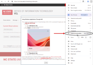 shows how to clear browsing data in Chrome by clicking the 3 vertical dots menu and selecting Clear browsing data